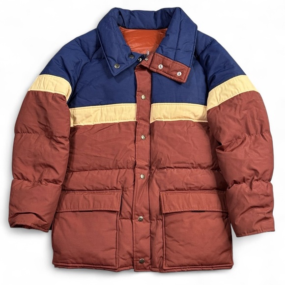 Vintage 70s Colorblock Puffer Jacket Navy Rust Cream Snap Front Ski Outdoor Coat